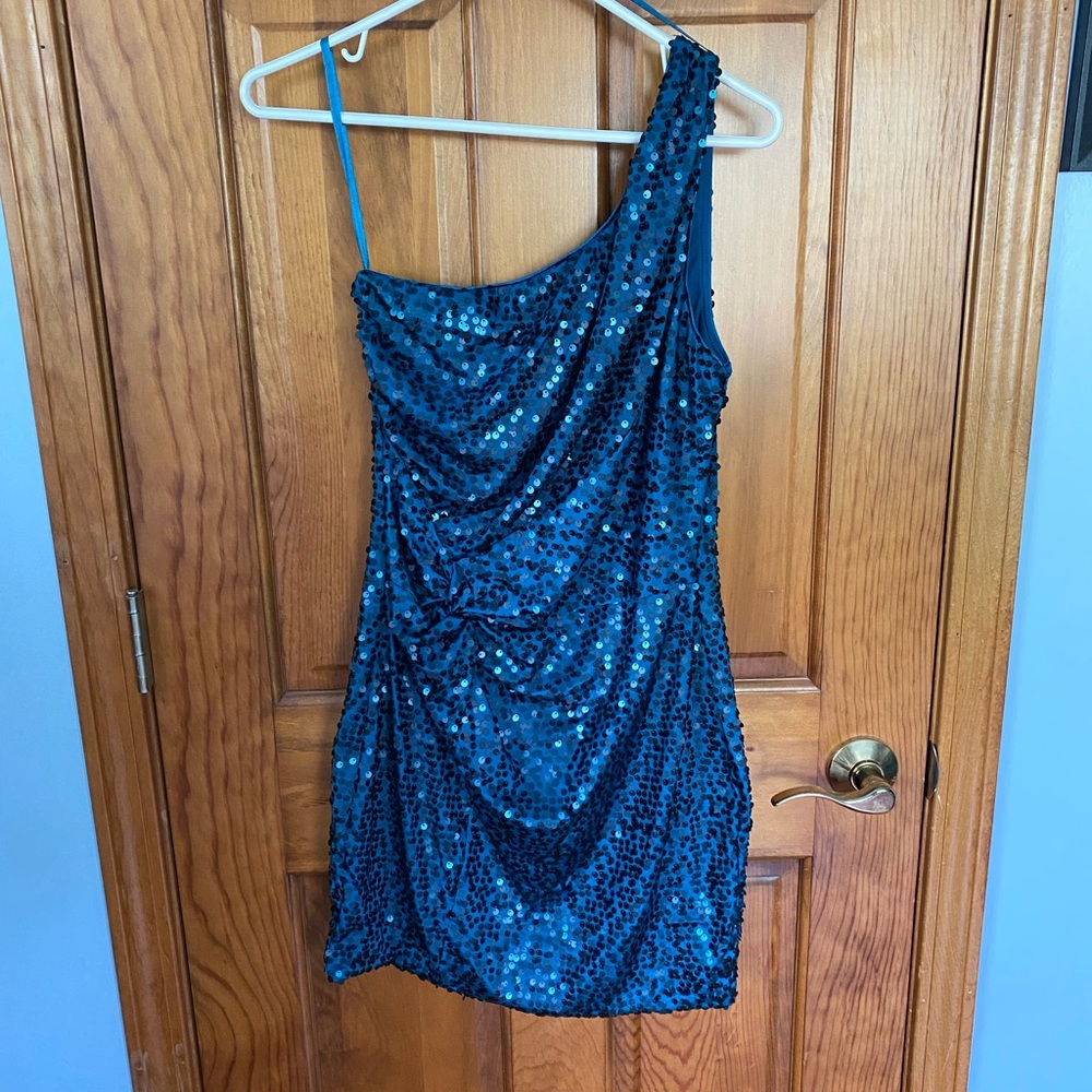 Lily Rose Teal and Black Sequined One Shoulder Dress